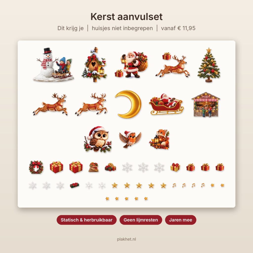 Winterstraatje raamstickers: één dorpje van Sinterklaas tot Nieuwjaar 2 Inhoud kerst aanvulset voor winterstraatje raamstickers