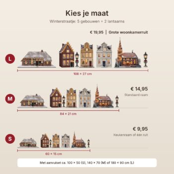 Maatkaart winterstraatje en raamstickers Sinterklaas en Kerst in S, M en L