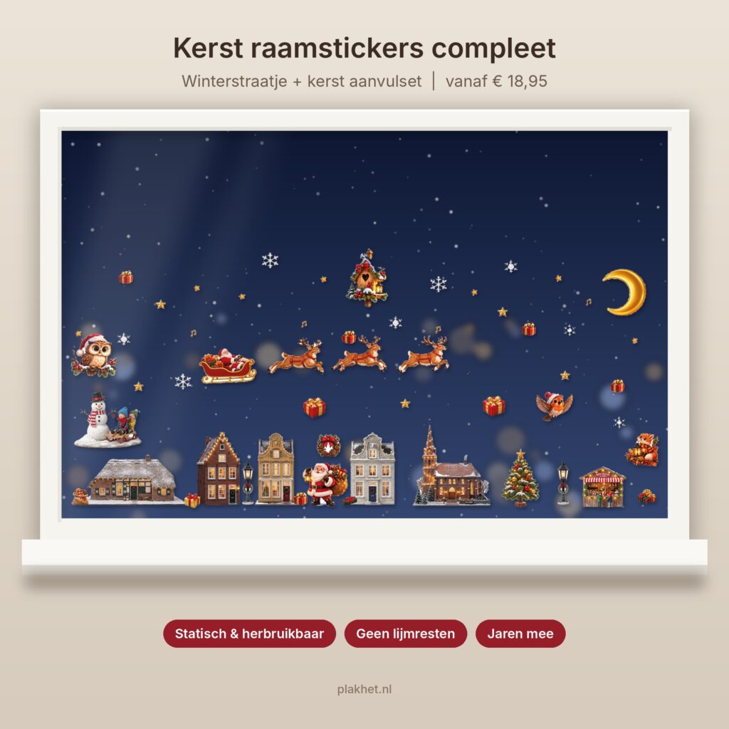 Kerst raamstickers: complete winterse huisjesstraat op het raam
