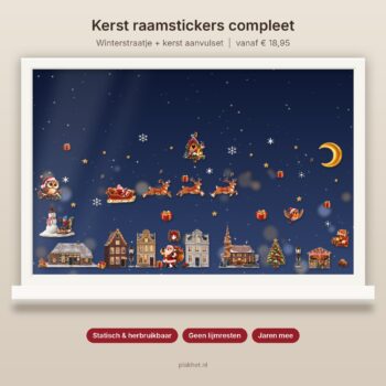 Kerst raamstickers compleet op raam met Kerstman, rendieren en huisjes