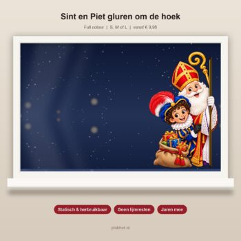 Raamsticker Sint en Piet gluren om de hoek op raam
