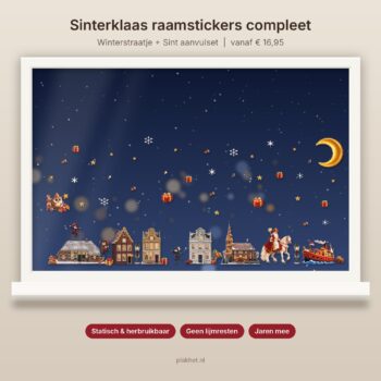 Sinterklaas raamstickers compleet op raam met Sint, stoomboot en huisjes