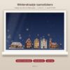 Winterstraatje raamstickers op raam met boerderij, grachtenpanden en kerkje