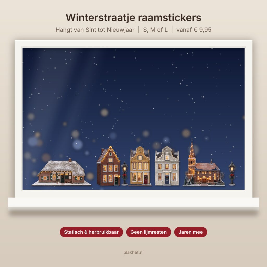 Winterstraatje raamstickers: één dorpje van Sinterklaas tot Nieuwjaar 1 Winterstraatje raamstickers: Hollands dorpje met lichtjes op het raam