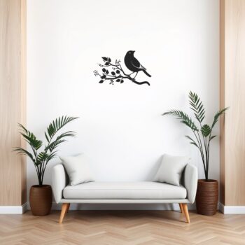 Muursticker merel boven de bank in de woonkamer