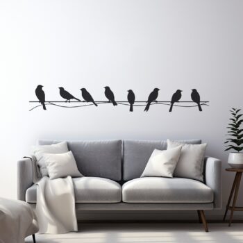 Muursticker Vogels op een draad op de muur boven een bank