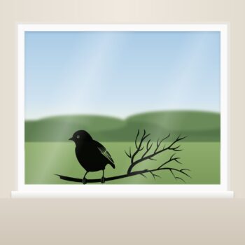 Muursticker vogeltje op lange tak als raamsticker op het raam