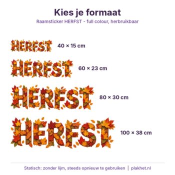 Raamsticker HERFST van herfstbladeren in vier formaten van 40 tot 100 cm breed