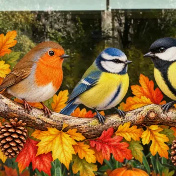 Detail van de raamsticker tuinvogels op tak met roodborst en pimpelmees