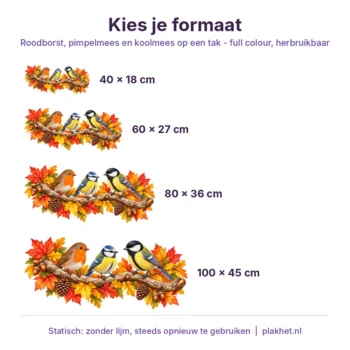 Raamsticker tuinvogels op tak in verschillende formaten