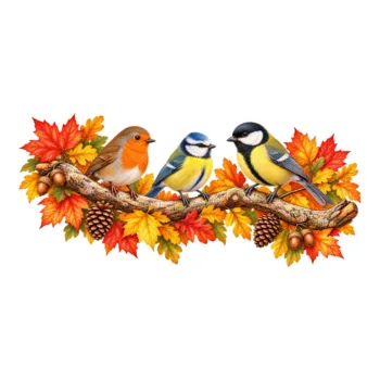 Ontwerp raamsticker tuinvogels op tak met herfstbladeren en dennenappels