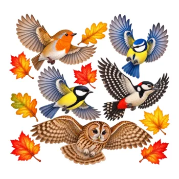 Ontwerp raamstickers vliegende uil en vogels met herfstbladeren