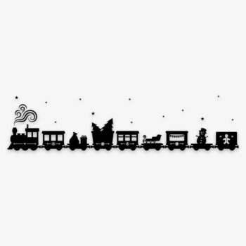 Raamsticker kerst kersttrein - ontwerp met locomotief, wagons, kerstbomen, sneeuwpop en sterren