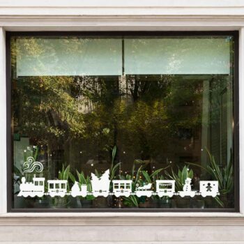 Raamsticker kerst kersttrein - witte kersttrein met wagons en sterren onderin een etalageraam