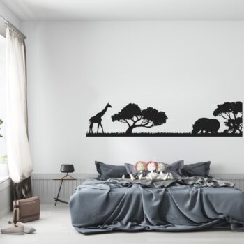 Safari muursticker giraffe boven het bed in de slaapkamer