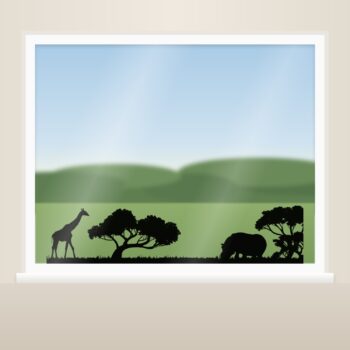 Safari muursticker giraffe - silhouet met een giraffe en een grazend nijlpaard als raamsticker op het raam