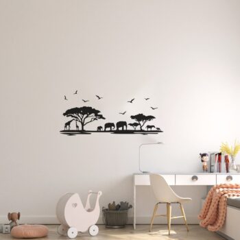 Safari muursticker olifanten en giraffen boven het bureau in de kinderkamer