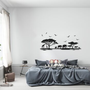 Safari muursticker olifanten en giraffen boven het bed in de slaapkamer