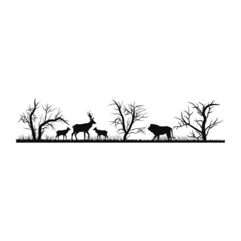 Muursticker herten en leeuw - silhouet met een hert met groot gewei, twee jonge hertjes en een leeuw ontwerp