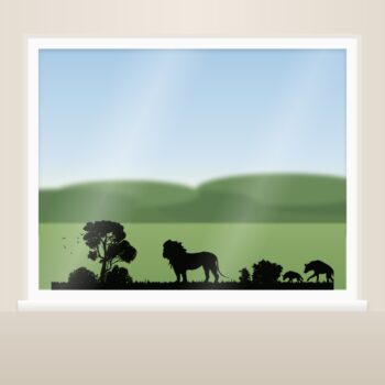 Muursticker leeuw - silhouet met een leeuw met volle manen en twee hyena's als raamsticker op het raam