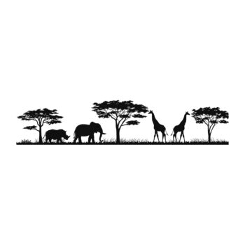 Safari muursticker giraffen - silhouet met een neushoorn, een olifant en twee giraffen ontwerp