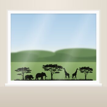 Safari muursticker giraffen - silhouet met een neushoorn, een olifant en twee giraffen als raamsticker op het raam