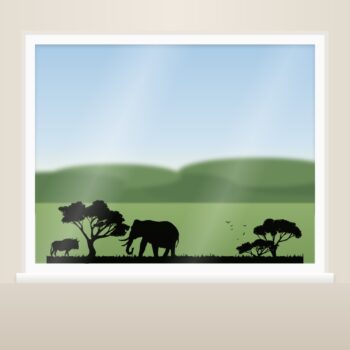 Olifant muursticker - silhouet met een grote olifant met slagtanden en een gnoe als raamsticker op het raam