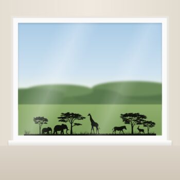 Safari muursticker olifanten - silhouet met twee olifanten, een giraffe, een zebra en een antilope als raamsticker op het raam