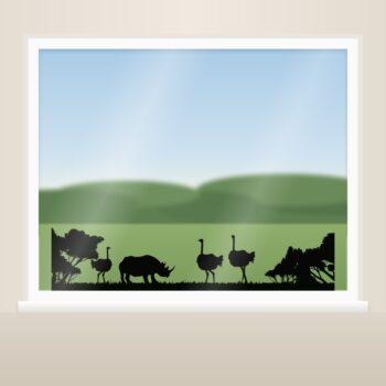 Muursticker struisvogels - silhouet met drie struisvogels en een neushoorn als raamsticker op het raam