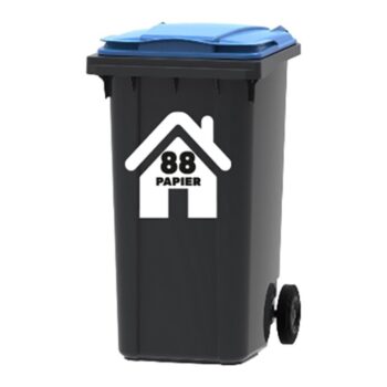 Huisje-sticker met PAPIER en huisnummer op een blauwe kliko
