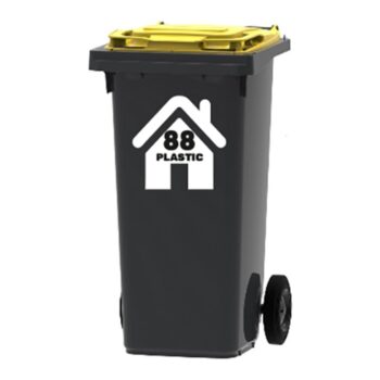 Pmd huis sticker - huisje-sticker met PMD en huisnummer op een grijze kliko