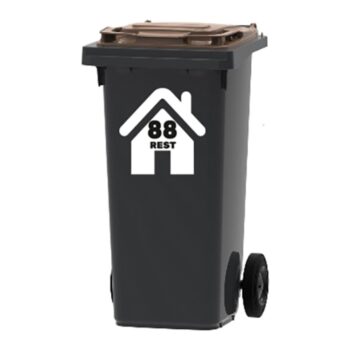 Rest huis sticker - huisje-sticker met REST en huisnummer op een grijze kliko