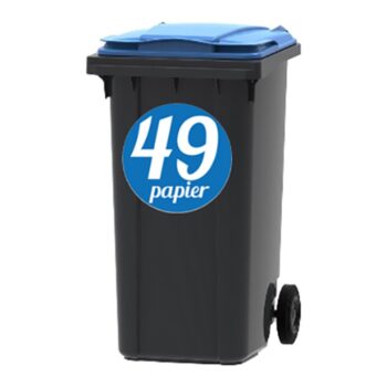 Papier sticker rond - ronde sticker met PAPIER en huisnummer op een kliko