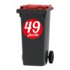 Plastic sticker rond - ronde sticker met PLASTIC en huisnummer op een kliko