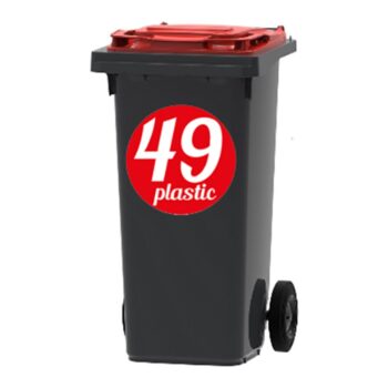 Plastic sticker rond - ronde sticker met PLASTIC en huisnummer op een kliko