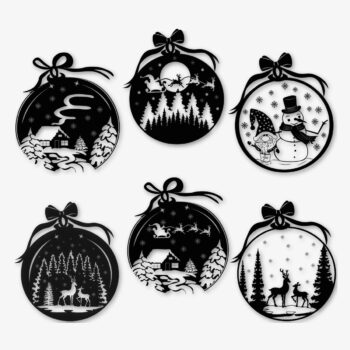Sticker Kerstballen winterlandschap, zwart silhouet ontwerp van PlakHet.nl