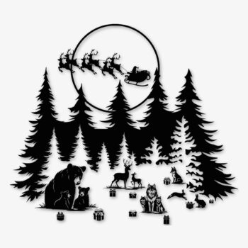 Sticker Kerstman boven het winterbos, zwart silhouet ontwerp van PlakHet.nl
